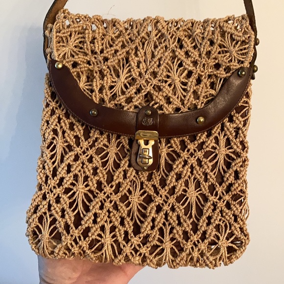 Vintage 70s JOHN ROMAIN Macrame Canvas Leather Shoulder Bag Handbag Flap RARE - Picture 2 of 8